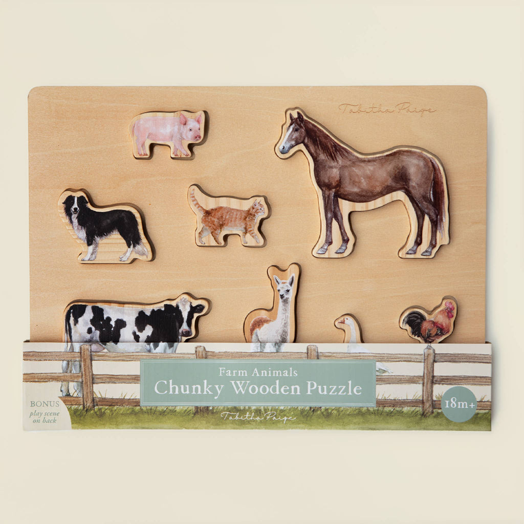 Here’s a revised version of your sentence using the provided product data: The Farm Animals Wooden Puzzle: A Tabitha Paige Puzzle is a wooden puzzle board featuring farm animal pieces shaped like a pig, horse, rooster, cow, dog, cat, and llama. This educational toy for toddlers helps little ones develop fine motor skills and animal recognition while having fun.