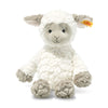 A cuddly Steiff, Lita Lamb Plush Animal Toy, 12 Inches with a smiling face, sitting position, and distinct floppy ears, showcasing grey hooves and facial features, against a white background.