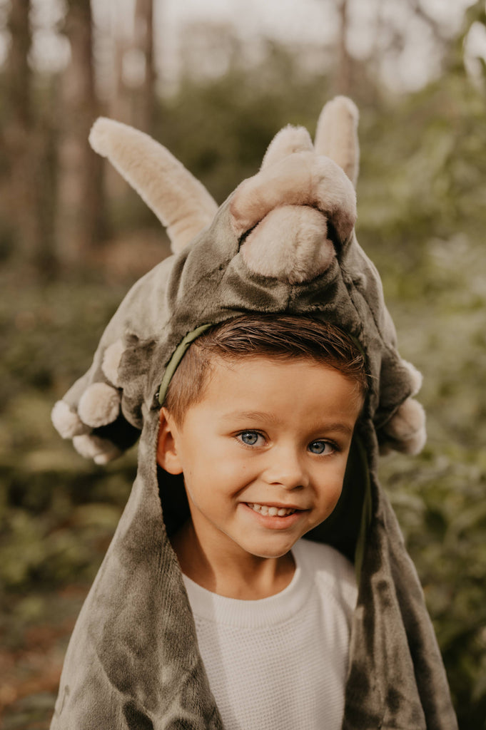 A young boy with blue eyes smiles at the camera outdoors, wearing the Costume - Triceratops Dino hood in gray faux fur, with blurred greenery in the background.