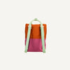 The Sticky Lemon Backpack Large in Gravel Orange and Rosette Pink showcases a vibrant design with an orange top half and pink bottom half. It includes light green adjustable shoulder straps and a matching top handle, all crafted from recycled PET bottles, displayed against a plain white background.