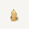 A Sticky Lemon Backpack Small - Envelope - Apple Juice is shown from the side, featuring a yellow rectangular design with a white zipper, yellow handle and strap, plus small red and black accents. The waterproof kids bag is set against a plain white background.