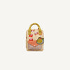 The Sticky Lemon Backpack Small - Special Edition - Snail Mail is a beige kids backpack with colorful geometric patterns, yellow handles, an orange plaid-detailed front pocket, a green snail keychain, and a waterproof lining from recycled PET bottles.