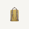 A rectangular Sticky Lemon Backpack Large – Envelope in reed green, crafted from recycled PET bag material with black and white striped adjustable shoulder straps, is shown standing upright against a plain light background.