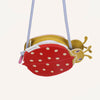 The Sticky Lemon Wallet Bag - Ladybug is a small, ladybug-shaped kids bag with a red polka-dotted PU leather body, yellow head, white zipper, and light blue strap shown against a plain background.