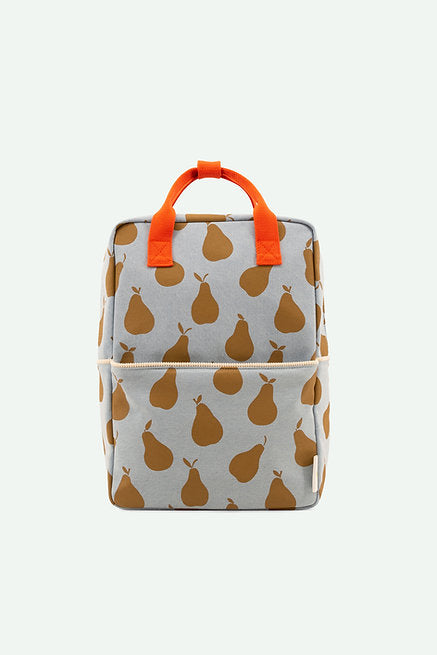A Sticky Lemon Backpack Large with a light gray background and a pattern of brown pears, featuring bright orange handles and a YKK zipper, isolated on a white background.