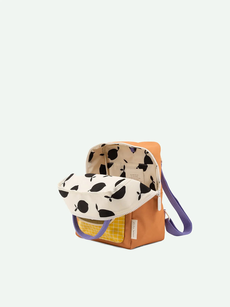 Open Sticky Lemon Backpack Small with a Farmhouse design and Harvest Moon handles, featuring a YKK zipper, displayed against a plain light background.