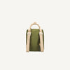 The Sticky Lemon Backpack Small - Envelope - Tickling Grass is a kids' olive green backpack made from recycled PET bottles, with beige adjustable straps and a top handle, shown from the back on a plain white background.