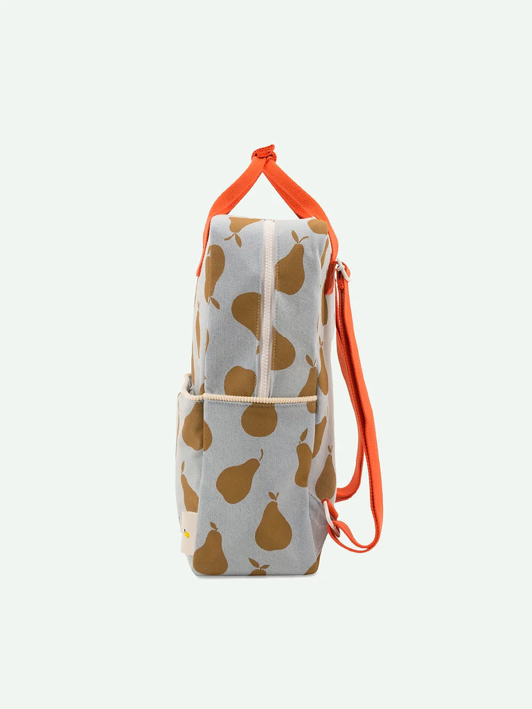 Vertical image of a Sticky Lemon Backpack Large | Farmhouse | Special Edition Pear Jeans with a pear print design in earth tones and an orange YKK zipper and wrist strap, against a plain white background.