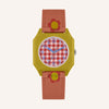 The Sticky Lemon x Mini Kyomo Watch - Flower features a yellow square case, red and white checkered face, blue hands and numbers, and a red fabric strap with a cheerful flower print.