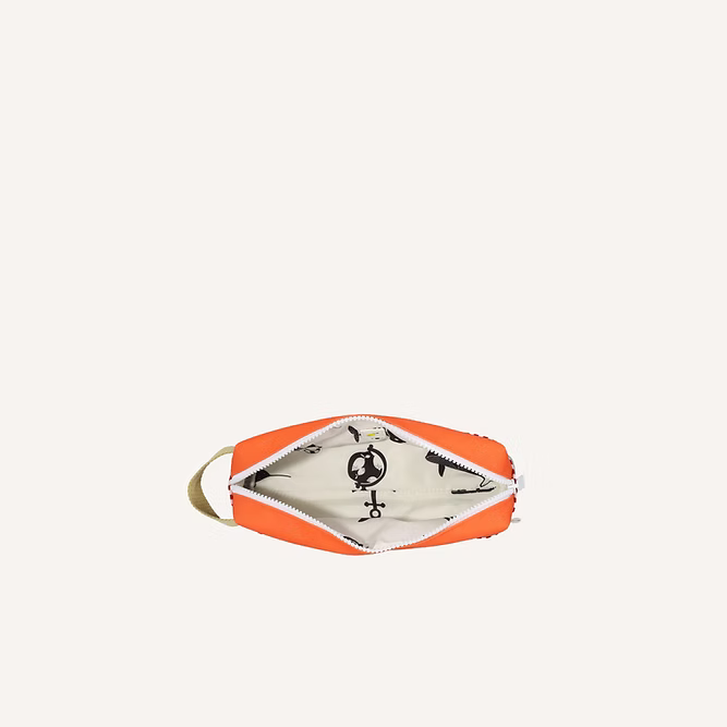 The Sticky Lemon Pencil Case | Color Blocking | Lifebuoy Orange + Shark Grey features a YKK zipper and opens to a beige interior with playful black doodles like a clock and bicycle. Shown on an off-white background.
