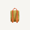 A green rectangular kids backpack named Sticky Lemon Backpack Large - Envelope - Bookworm Green, made from recycled PET bottles, featuring bright orange adjustable shoulder straps and a top handle, shown from the back against a plain white background.
