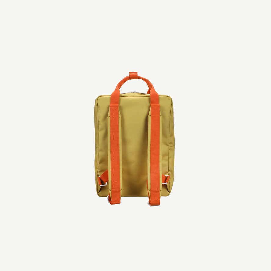 A green rectangular kids backpack named Sticky Lemon Backpack Large - Envelope - Bookworm Green, made from recycled PET bottles, featuring bright orange adjustable shoulder straps and a top handle, shown from the back against a plain white background.