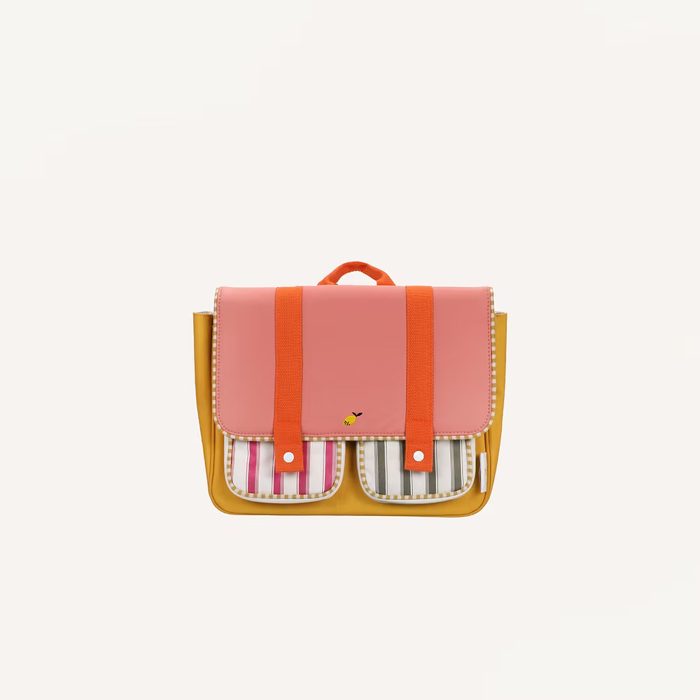 The Sticky Lemon School Bag | Coral Pink + Submarine Yellow is a colorful recycled PET backpack with a pink flap, orange straps, yellow sides, two striped front pockets (pink and black), and a waterproof nylon lining on a white background.