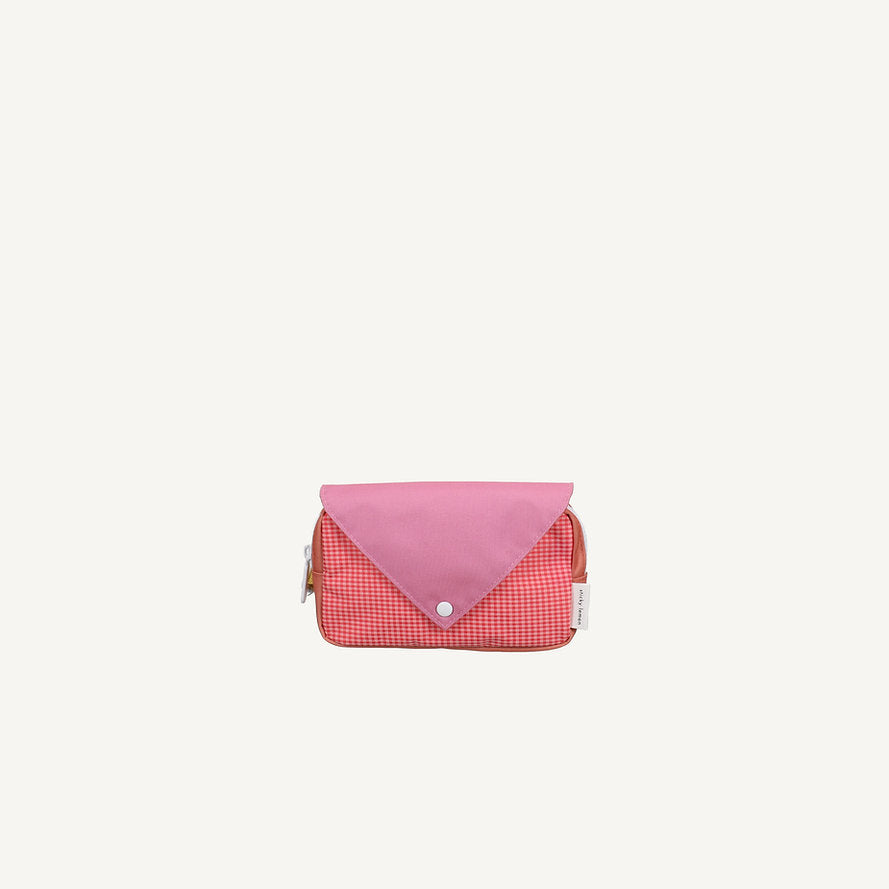 Sticky Lemon Fanny Pack Small - Envelope - Rosebay Pink: a rectangular recycled PET fanny pack with red and white gingham, a solid pink envelope-style flap, and snap button closure, shown on a plain white background.