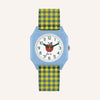 The Sticky Lemon x Mini Kyomo Watch - Apple features a light blue square case, white dial with a red apple, green numbers, black hands, and "m-k" logo. A yellow-green plaid fabric strap completes this playful kids' watch.