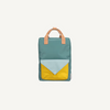The Sticky Lemon Backpack Large | Envelope | Diving Suit is a rectangular teal kids backpack featuring a yellow and light blue front pocket, orange-and-white striped handles, waterproof lining, and a minimalist design on a white background.