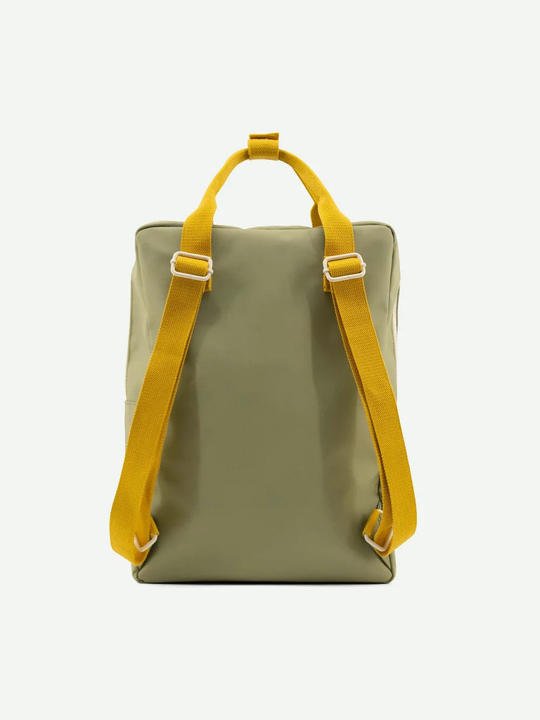A Sticky Lemon Backpack Large in Map Green made from recycled PET bottles, with vibrant yellow adjustable straps, viewed from the back against a plain white background.