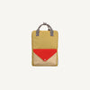The Sticky Lemon Backpack Large - Envelope - Reed Green is a rectangular kids’ bag in yellow, featuring black-and-white striped handles and a front pocket with a red flap over a beige panel. Designed to be waterproof, it also includes adjustable shoulder straps for comfort, and is shown against a plain white background.