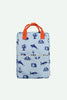 The Sticky Lemon Backpack Large - Special Edition - Wonders of the Deep Sea is made from recycled PET bottles. This light blue bag has orange handles, nautical prints, a waterproof lining, front pocket, and a white side label.