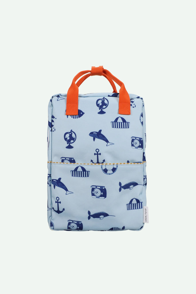The Sticky Lemon Backpack Large - Special Edition - Wonders of the Deep Sea is made from recycled PET bottles. This light blue bag has orange handles, nautical prints, a waterproof lining, front pocket, and a white side label.