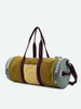 A cylindrical khaki green cotton canvas duffel bag with zip closures on the ends and a small logo on the side, against a white background.