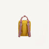 The Sticky Lemon Backpack Small | Envelope Collection in Submarine Yellow is shown from the back, featuring recycled PET material and red-and-white striped adjustable shoulder straps and handle, against a plain white background.
