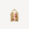 The Sticky Lemon Backpack Small - Special Edition - Snail Mail is a beige kids backpack with green straps and top handle, decorated with red and purple geometric shapes. Made from recycled PET bottles and waterproof lined, shown on a plain white background.