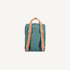 The Sticky Lemon Backpack Large | Envelope | Diving Suit is a teal kids backpack made from recycled PET bottles, with orange-and-white striped adjustable shoulder straps and a waterproof lining, shown from the back on a plain white background.