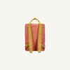 The Sticky Lemon Backpack Large - Envelope - Maple Whirl is a rectangular orange kids backpack made from recycled PET bottles, with yellow adjustable shoulder straps and a matching top handle, shown against a plain white background.