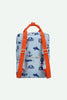 The Sticky Lemon Backpack Large - Special Edition - Wonders of the Deep Sea is made from recycled PET bottles. This light blue bag with orange straps features nautical prints and a waterproof lining for added protection.