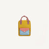 The Sticky Lemon Backpack Small from the Envelope Collection in Submarine Yellow features a blue and pink front pocket, white button clasp, adjustable shoulder straps, and red-and-white striped handles on a plain white background.