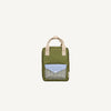 The Sticky Lemon Backpack Small - Envelope - Tickling Grass features an olive green rectangular design with beige handles, a front pocket with a blue flap and black-and-white checkered fabric, made from recycled PET bottles.