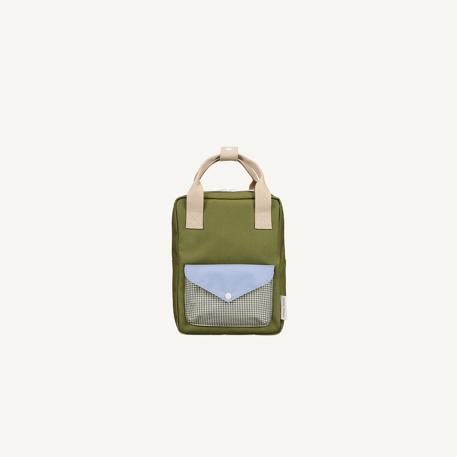 The Sticky Lemon Backpack Small - Envelope - Tickling Grass features an olive green rectangular design with beige handles, a front pocket with a blue flap and black-and-white checkered fabric, made from recycled PET bottles.