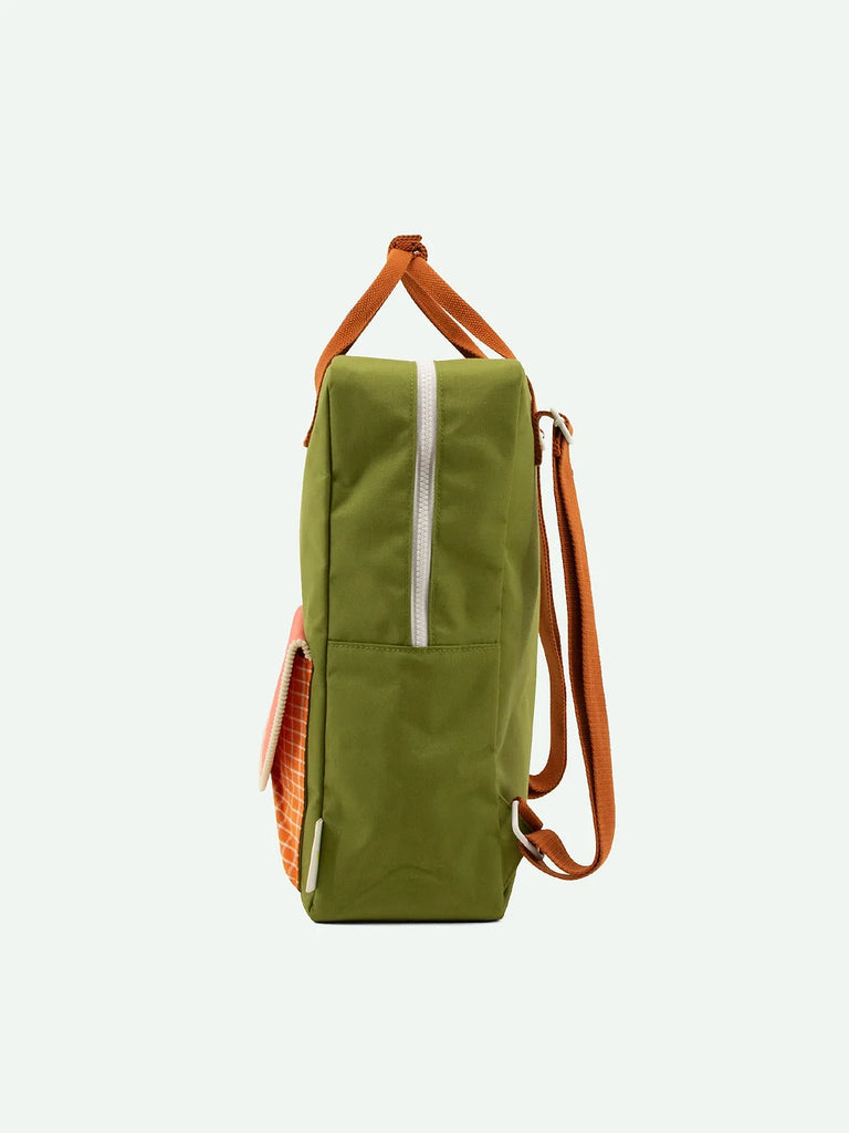 Sticky Lemon backpack made of recycled RPET, with a vertical zipper and brown cotton webbing straps, standing upright against a plain white background.