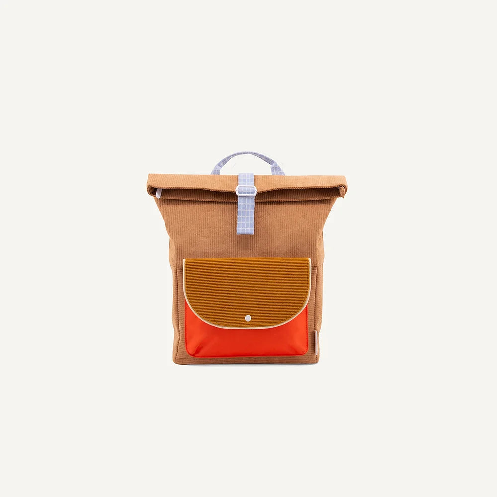 A Sticky Lemon Backpack | Farmhouse | Corduroy Harvest Moon with a burnt orange front pocket and contrasting blue handle, displayed against a white background.