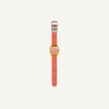 The Sticky Lemon x Mini Kyomo Watch - Flower features a bright red-orange strap, yellow case, and a checkered pink and white face, shown on a plain white background.