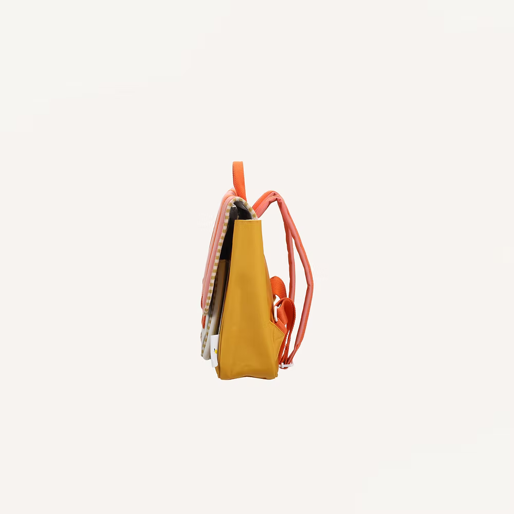 Side view of the Sticky Lemon School Bag in coral pink and submarine yellow with orange straps. The classic silhouette backpack stands upright against a plain white background.