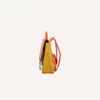 Side view of the Sticky Lemon School Bag in coral pink and submarine yellow with orange straps. The classic silhouette backpack stands upright against a plain white background.
