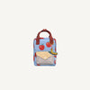 The Sticky Lemon Backpack Small - Special Edition - Apple Grub is a blue kids backpack made from recycled PET bottles, featuring red apples, a plaid-flap pocket, red handles, a colorful worm keychain, and waterproof lining.