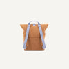 A brown Sticky Lemon Backpack | Farmhouse | Corduroy Harvest Moon with light blue checkered straps, displayed against a white background, made of recycled RPET.