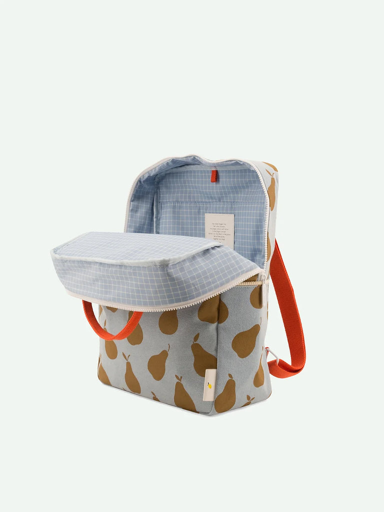 An open Sticky Lemon Backpack Large with a Farmhouse print design, displaying a red handle, and a blue gingham interior. The backpack, made from waterproof nylon, sits against a white background.