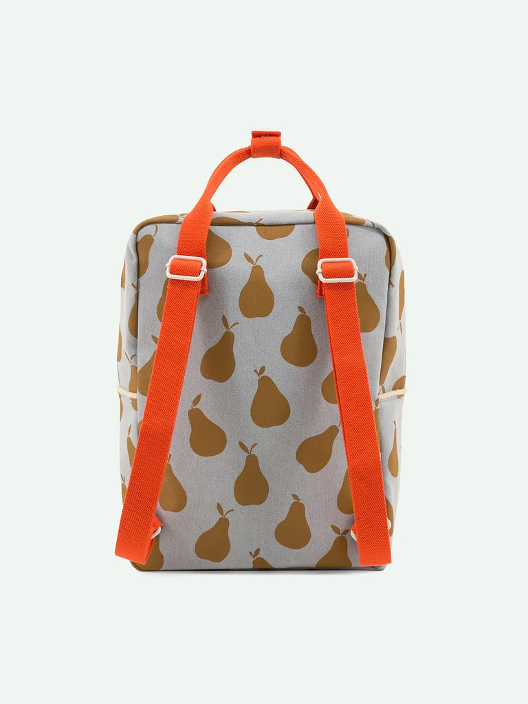 A stylish Sticky Lemon Backpack Large | Farmhouse | Special Edition Pear Jeans with a pear print design in beige and brown, featuring bright orange waterproof nylon straps and trim, displayed against a white background.