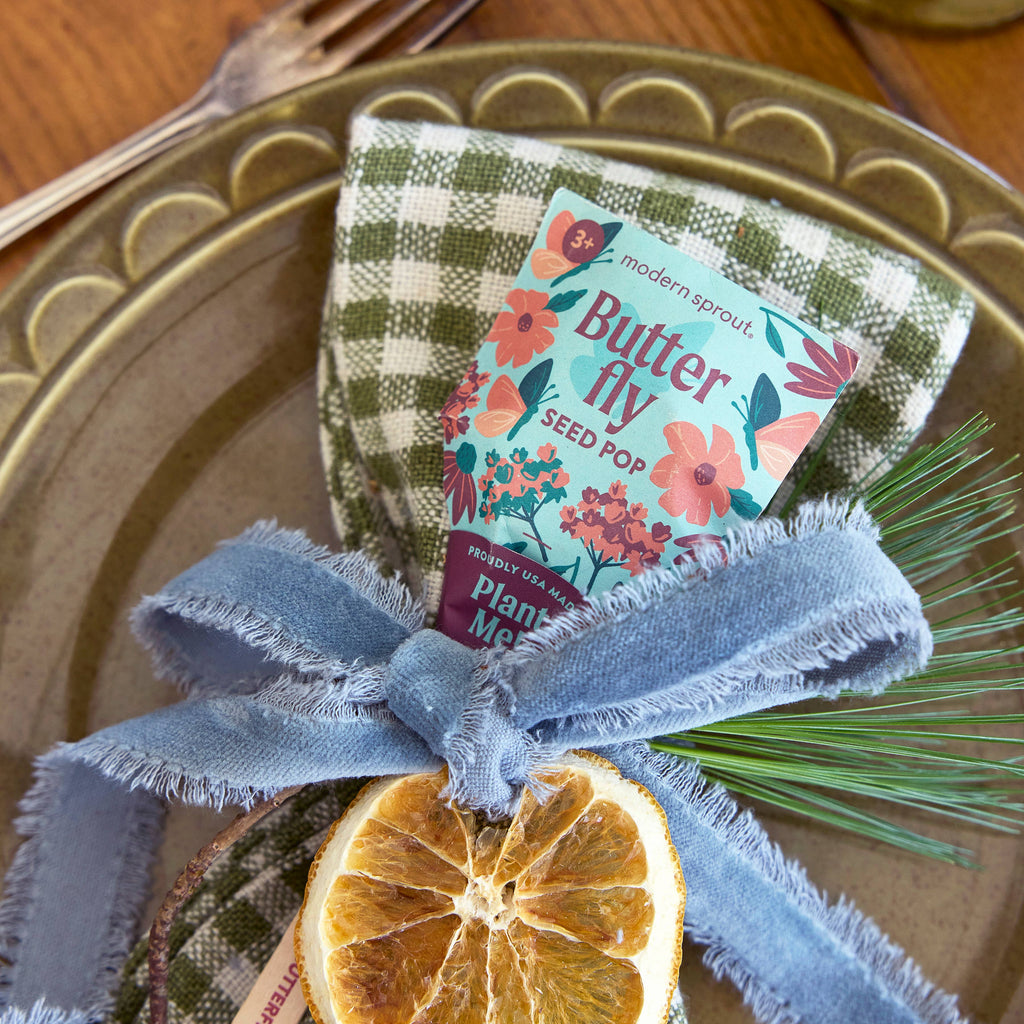 A Pollinator Seed Pop (Single), filled with wildflower seeds, rests on a green checkered napkin on a gold-rimmed plate with a blue ribbon, pine needles, and dried orange slice. Silverware appears in the background.