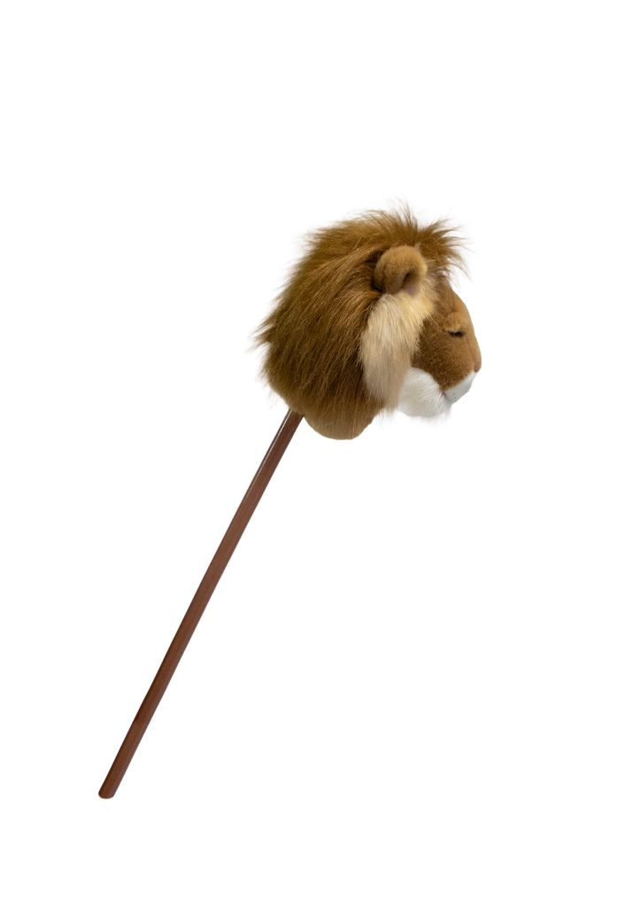 The Pretend Play Ride-On Lion features a plush lion's head with a brown mane and beige snout on a long brown stick, ideal for imaginative play and shown isolated on a plain white background.