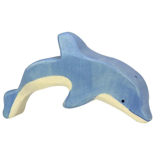 A handcrafted wooden, blue dolphin figurine with a white underbelly and a smooth finish. The Holztiger Dolphin, Jumping is depicted in a playful leaping posture with minimalistic features, including a small black eye and a faint smile.