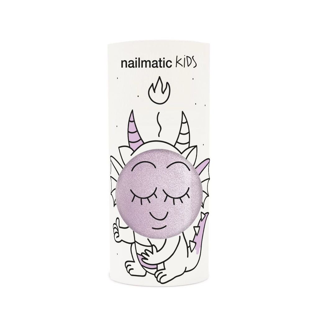 Rectangular package of Nailmatic - Nail Polish - Elliot featuring a cartoon of a happy, meditating dragon with purple horns and wings, sitting in a lotus position.