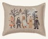 The Coral & Tusk Full Moon Masquerade Pillow features embroidered animals and a child in costume—pumpkin, skeleton, bear, notepad, pencil, Frankenstein—with bare trees, silver moon, owl, and bat for festive Halloween decor.