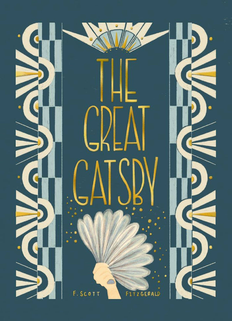 Art Deco–inspired hardcover "The Great Gatsby | Collector's Edition" features geometric patterns, a hand holding a fan, and bold yellow title text on a dark blue background—celebrating F. Scott Fitzgerald’s American classic.