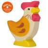 A brightly colored, handcrafted wooden toy chicken with a yellow body, red comb, and orange-red markings on the feathers. Standing upright with a playful expression, this Holztiger Hen, Standing proudly displays an orange "spiel gut" recommendation seal on the upper left corner. Made in Europe.