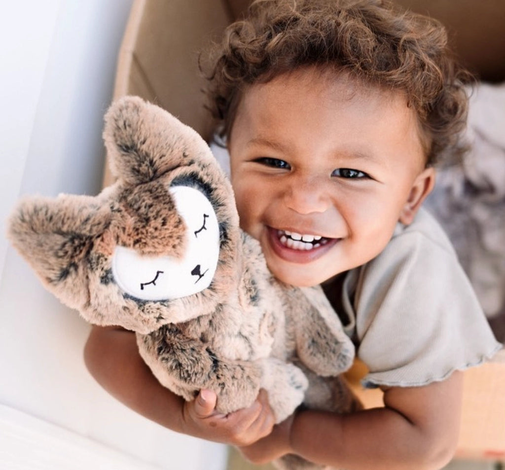 A joyful toddler with curly hair holding a Slumberkins Fox Kin + Lesson Book On Family Change, smiling broadly inside a cardboard box. The plush toy features cute stitched eyes and a smile.